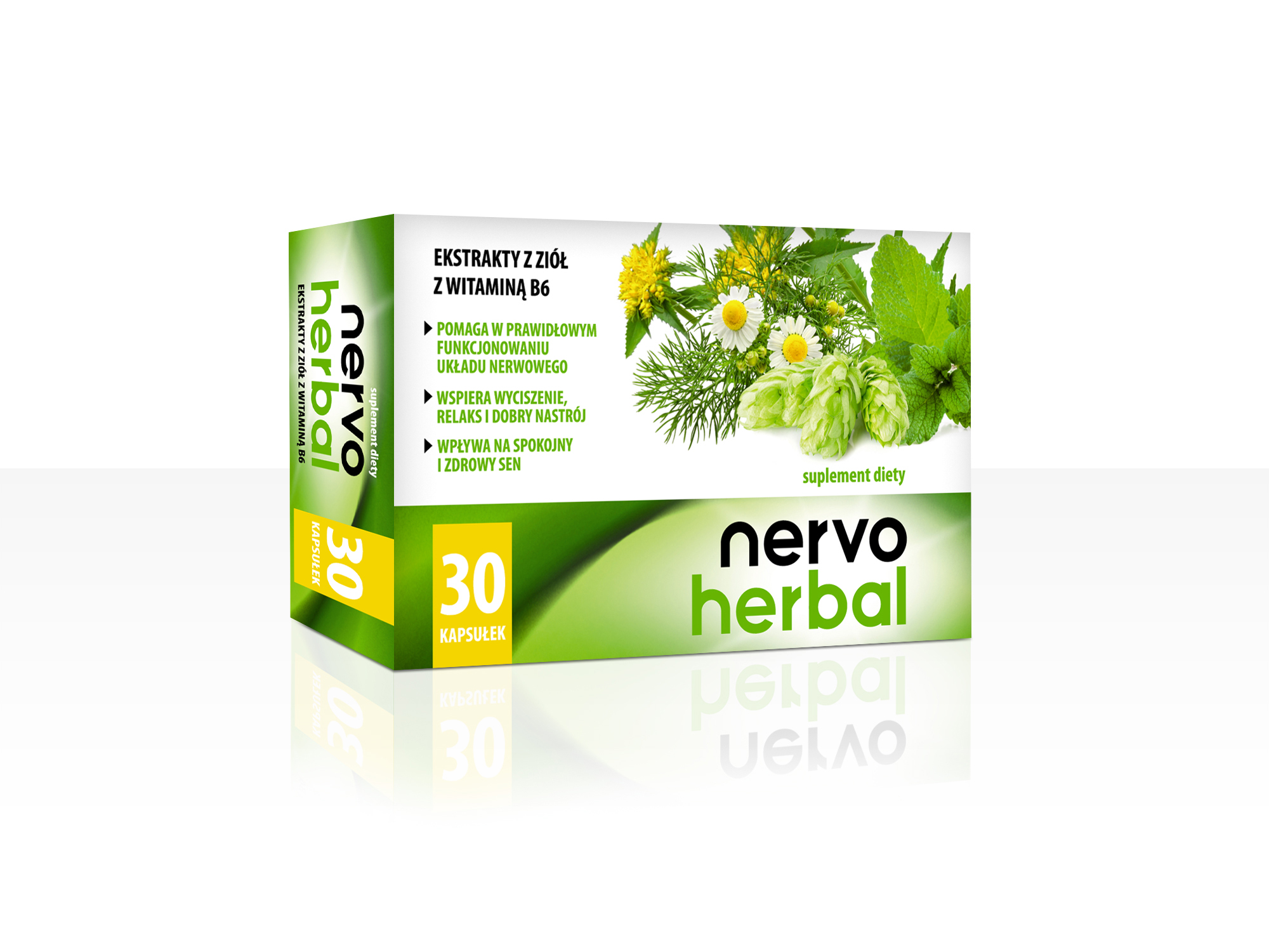 NervoHerbal - ekstrakty z ziela melisy, chmielu, różeńca górskiego, rumianku w połączeniu z witaminą B6.