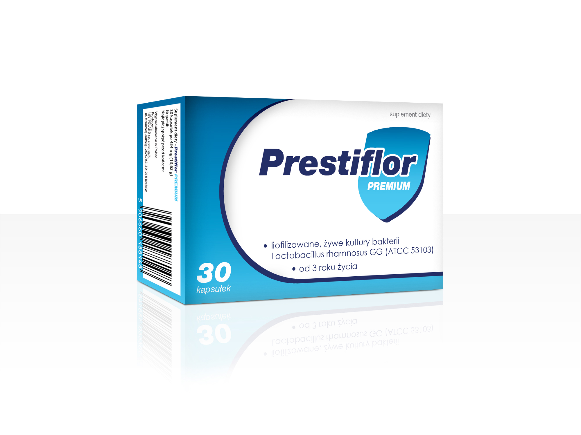Prestiflor PREMIUM kapsułki - suplement diety zawierający liofilizowane, żywe kultury bakterii Lactobacillus rhamnosus GG.